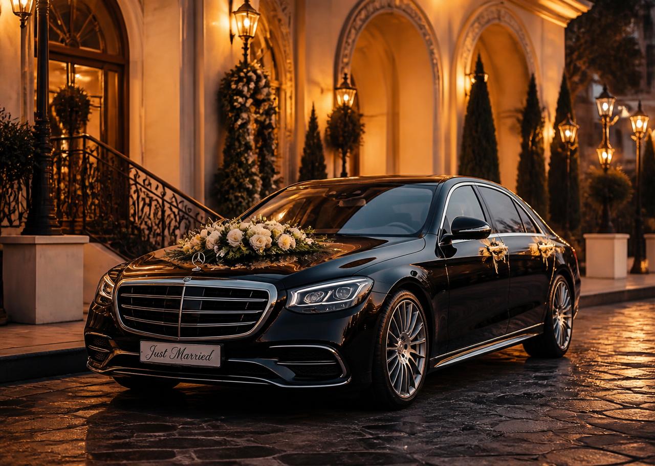 Black luxury wedding car decorated with white and gold flowers