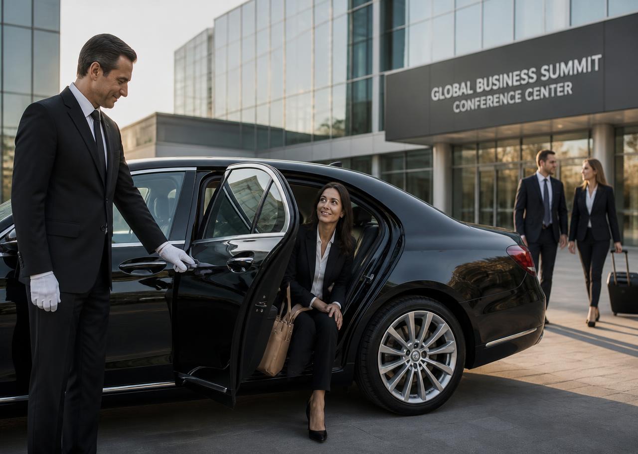 Chauffeur in uniform opening the door of a luxury sedan