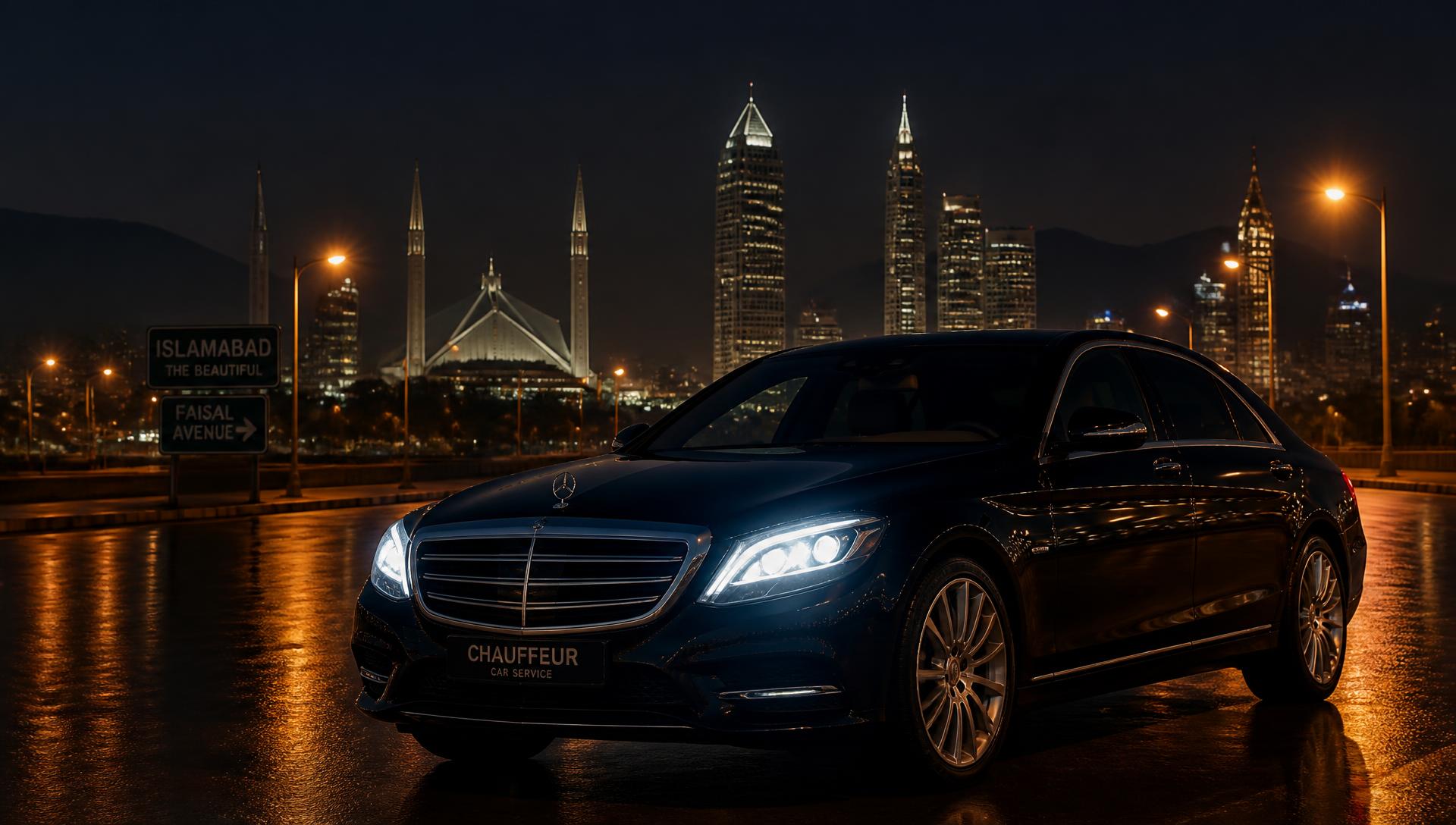 Black luxury sedan on a city road at night in Pakistan